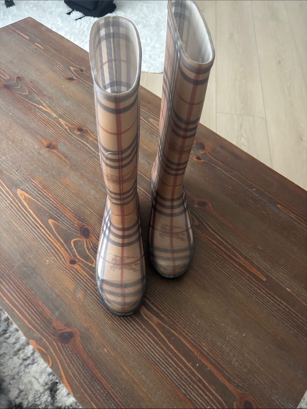 Burberry Beige Plaid Tall Rain Boots